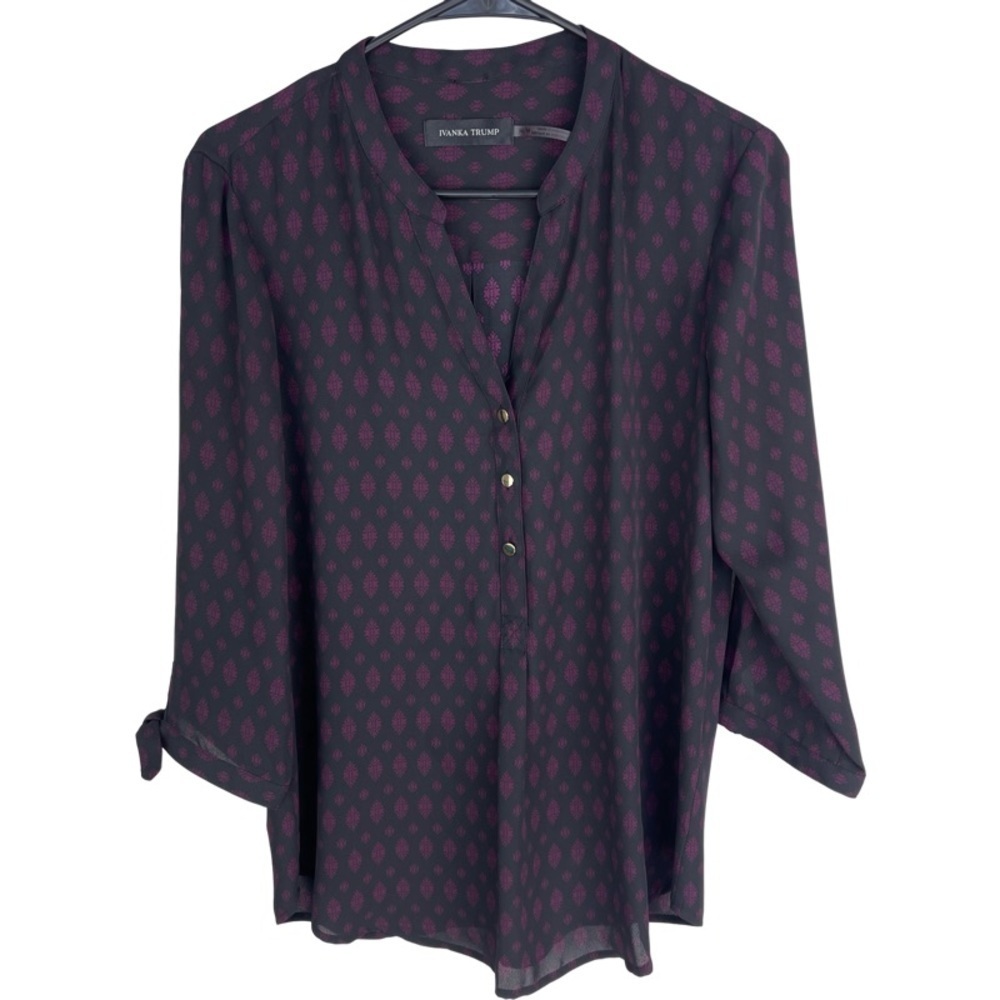 ✅ Ivanka Trump Woman Black With Purple Print 3/4 sleeve chiffon blouse  size M